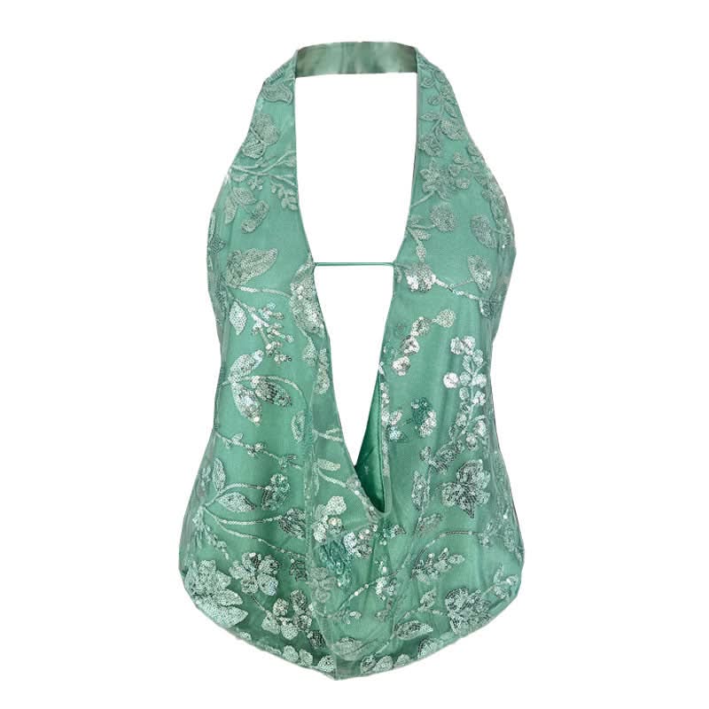 Dazzling Gold Sequin Halter Top - Backless V-Neck for Holiday & NYE Glam