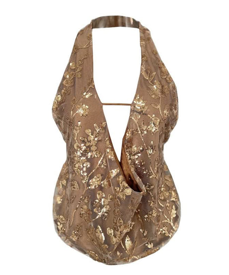 Dazzling Gold Sequin Halter Top - Backless V-Neck for Holiday & NYE Glam