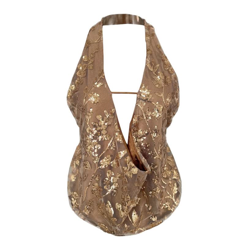 Dazzling Gold Sequin Halter Top - Backless V-Neck for Holiday & NYE Glam