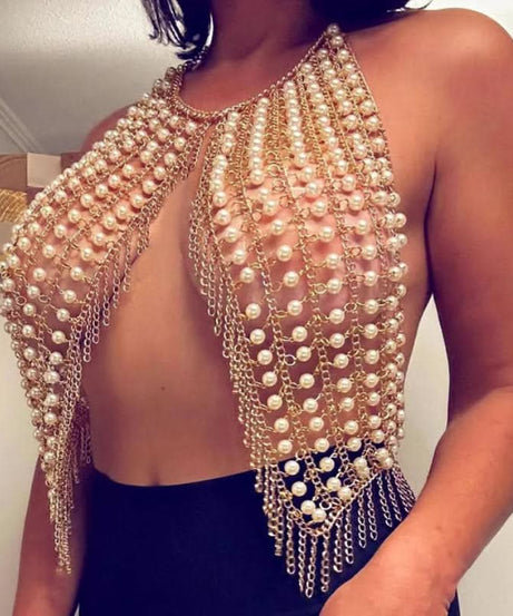 Showstopping Pearl & Gold Chain Halter Top | Daring Festival & Fall Party Glam