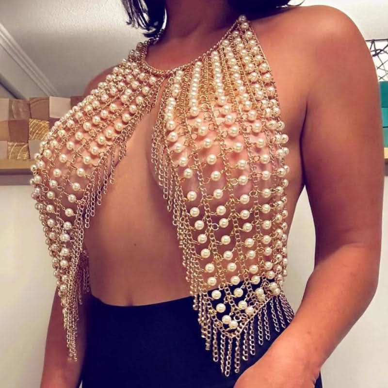 Showstopping Pearl & Gold Chain Halter Top | Daring Festival & Fall Party Glam