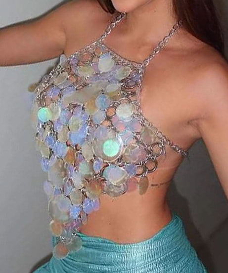 Shimmering Holographic Chainmail Halter Top | Festival, Rave & NYE Party Ready