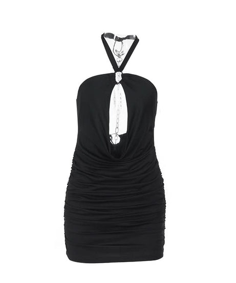 Sultry Halter Chain Cutout Ruched Mini Dress – Your Go-To Black Party Dress for Fall Nights