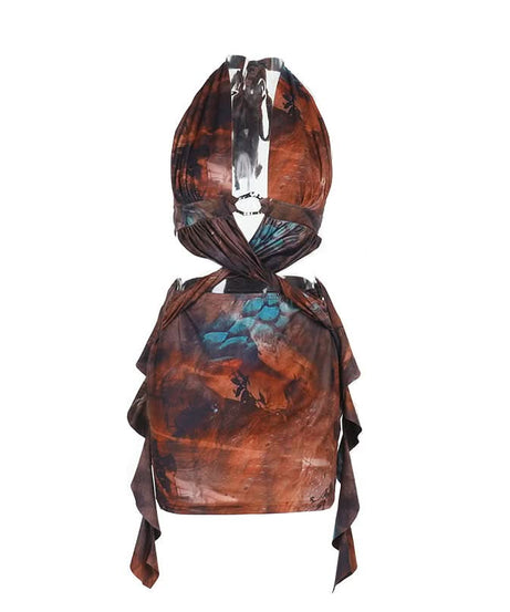 Autumn Aura Halter Cutout Mini Dress - Earthy Teal Abstract Print for Fall Nights Out