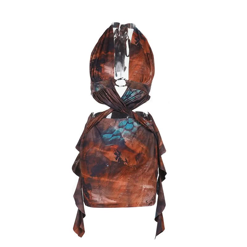 Autumn Aura Halter Cutout Mini Dress - Earthy Teal Abstract Print for Fall Nights Out