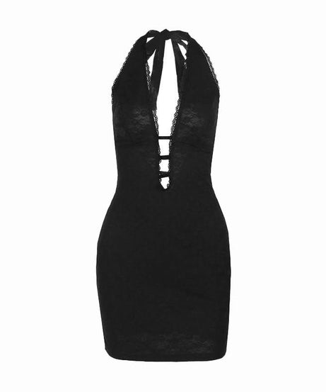Sultry Fall Lace Halter Mini Dress with Daring Cut-Outs - Your Go-To Holiday Party Glam