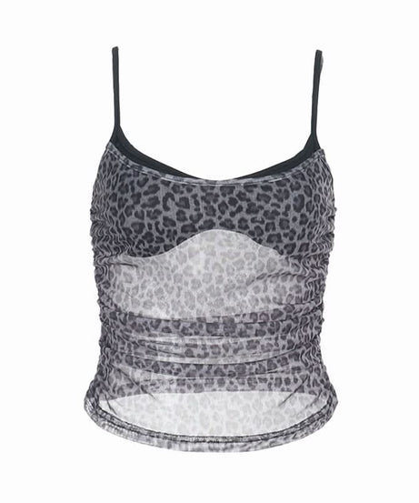 Fierce Fall Nights: Grey Leopard Ruched Mesh Cami Top – Your Trendy Autumn Essential
