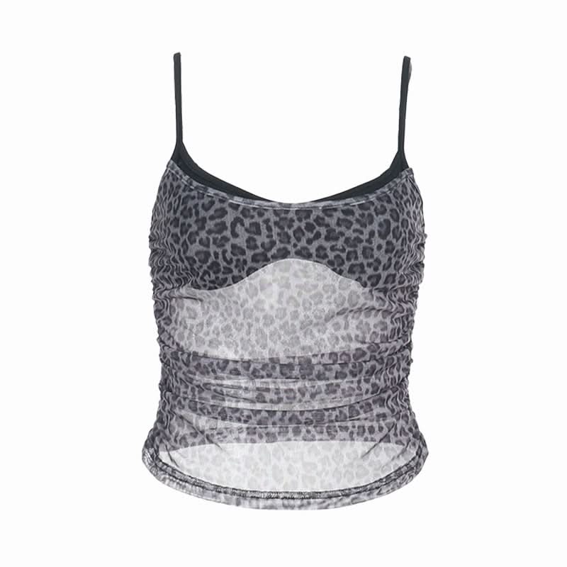 Fierce Fall Nights: Grey Leopard Ruched Mesh Cami Top – Your Trendy Autumn Essential