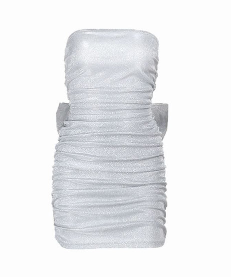 Sparkle & Slay: Glamorous Silver Ruched Strapless Mini Dress | Backless Bow Detail for Holiday Parties & NYE