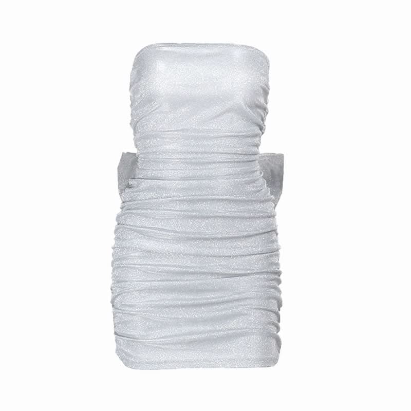 Sparkle & Slay: Glamorous Silver Ruched Strapless Mini Dress | Backless Bow Detail for Holiday Parties & NYE
