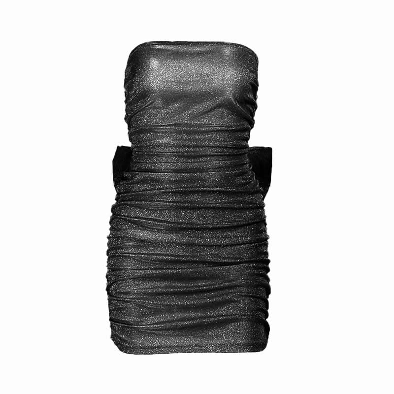 Sparkle & Slay: Glamorous Silver Ruched Strapless Mini Dress | Backless Bow Detail for Holiday Parties & NYE