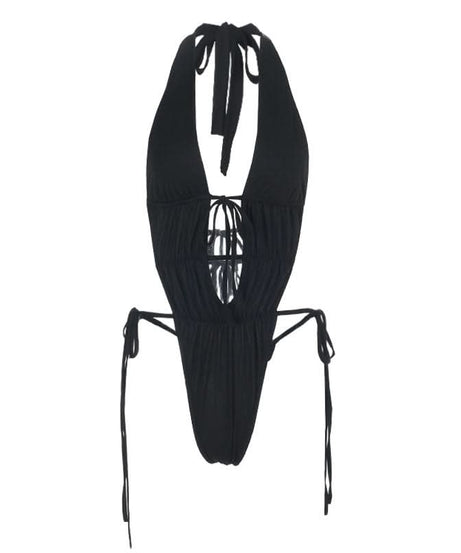 Sultry Black Halter Plunge Monokini | Sexy Lace-Up Backless Bodysuit for Your Next Getaway
