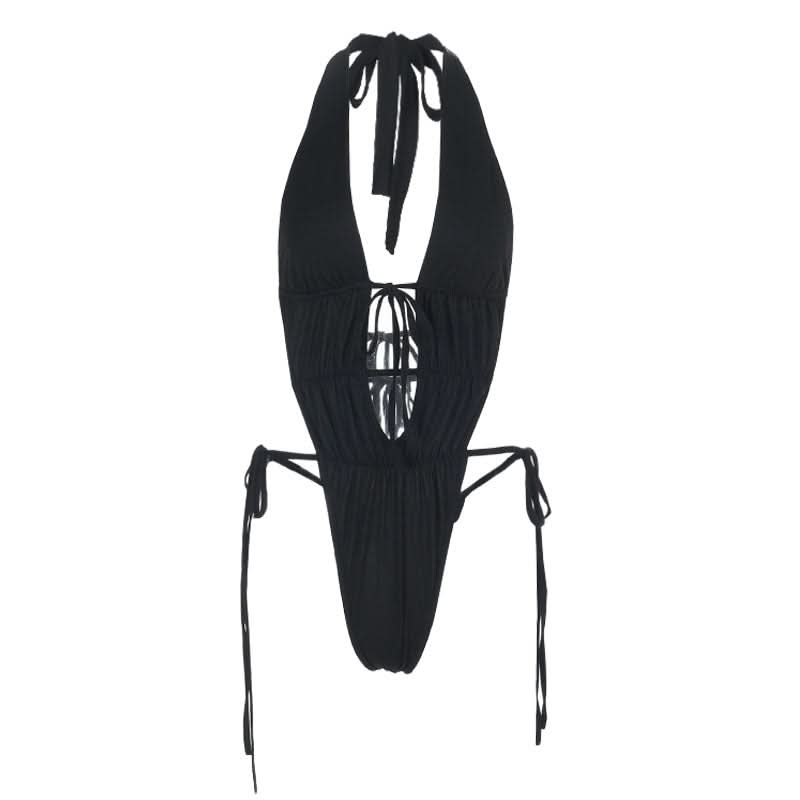 Sultry Black Halter Plunge Monokini | Sexy Lace-Up Backless Bodysuit for Your Next Getaway
