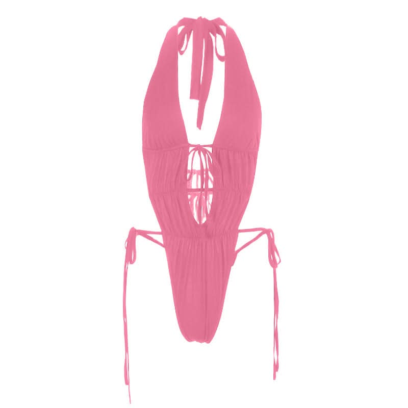 Sultry Black Halter Plunge Monokini | Sexy Lace-Up Backless Bodysuit for Your Next Getaway