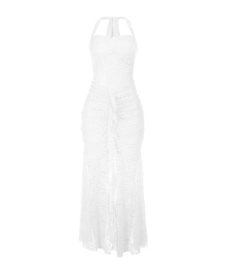 Daring Pink Lace Halter Maxi Dress - Y2K Sheer Ruched Bodycon for Unforgettable Parties & Halloween Glam