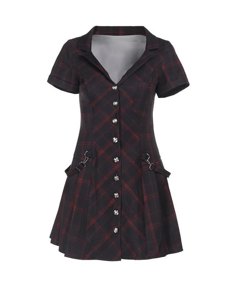 Edgy Autumn Plaid Mini Dress for Women | Button-Down Deep V-Neck with Buckle Accents | Perfect Fall & Halloween Style