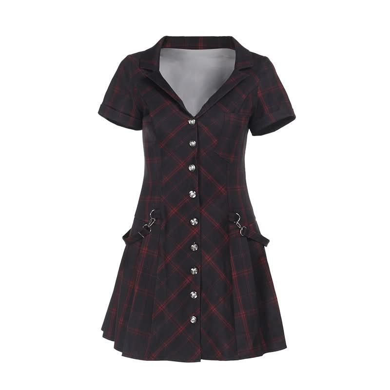 Edgy Autumn Plaid Mini Dress for Women | Button-Down Deep V-Neck with Buckle Accents | Perfect Fall & Halloween Style