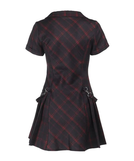 Edgy Autumn Plaid Mini Dress for Women | Button-Down Deep V-Neck with Buckle Accents | Perfect Fall & Halloween Style
