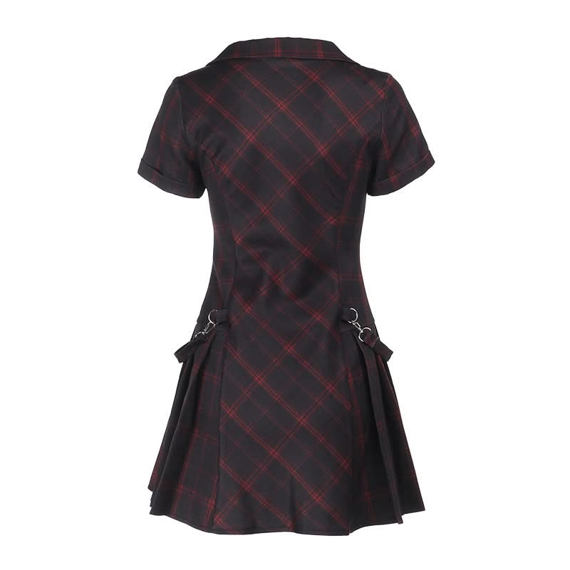 Edgy Autumn Plaid Mini Dress for Women | Button-Down Deep V-Neck with Buckle Accents | Perfect Fall & Halloween Style