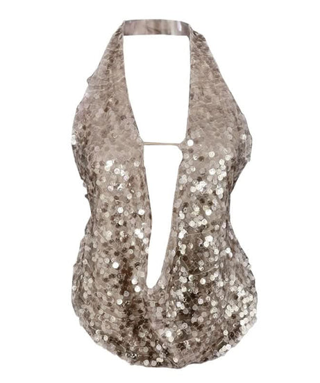Sparkling Mint Green Sequin Halter Plunge Top - Dazzle This Holiday Season
