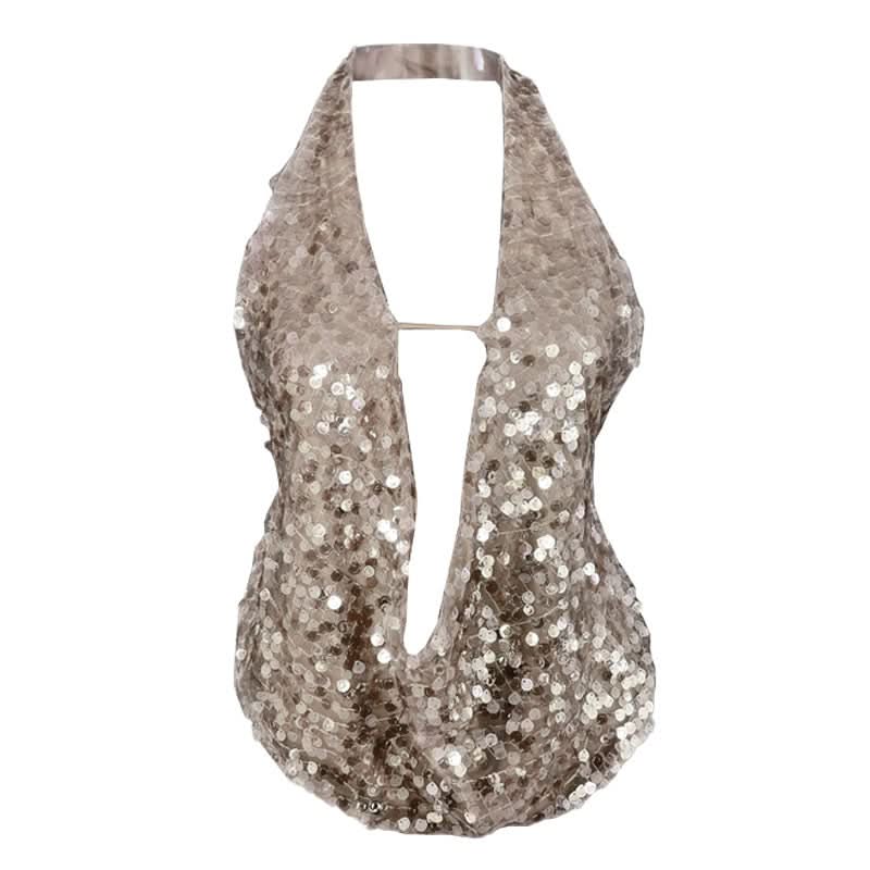 Sparkling Mint Green Sequin Halter Plunge Top - Dazzle This Holiday Season