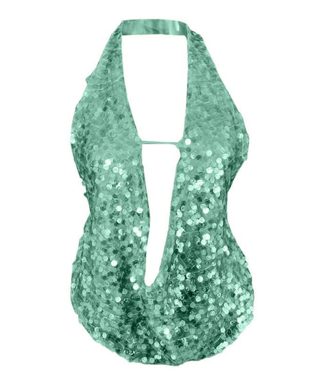 Sparkling Mint Green Sequin Halter Plunge Top - Dazzle This Holiday Season