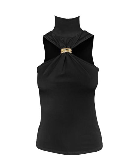 Glam Pink Mock Neck Halter Top with Gold Ring – Chic Fall & Holiday Statement