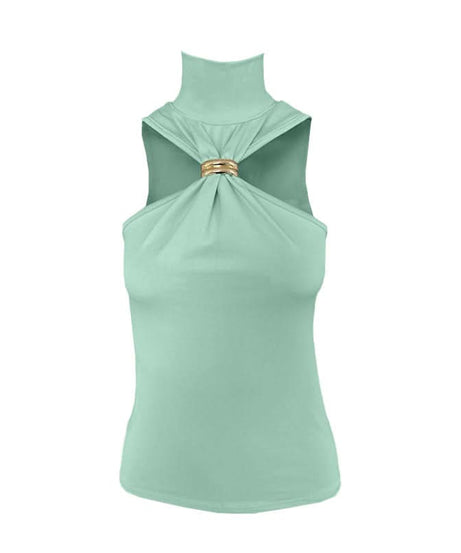 Glam Pink Mock Neck Halter Top with Gold Ring – Chic Fall & Holiday Statement