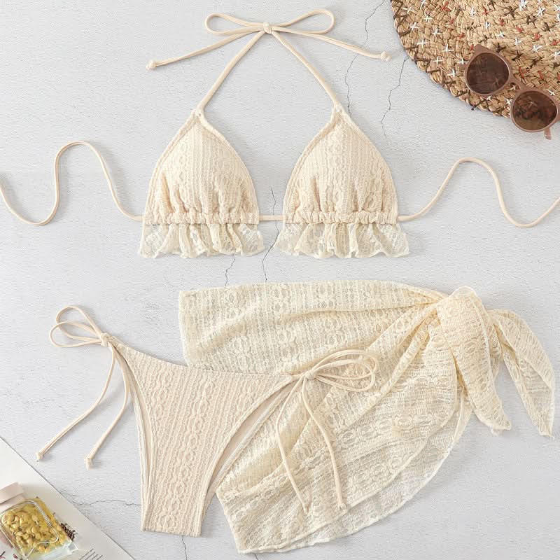 Chic Crochet-Look 3-Piece Swimsuit Set - Halter Bikini & Sarong for Your Winter Escape