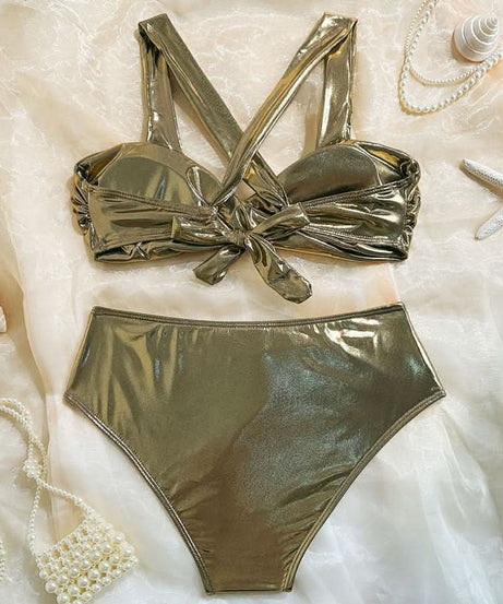 Luxe Gold Metallic High-Waisted Bikini | Cross-Back Glamour for Your Winter Escape