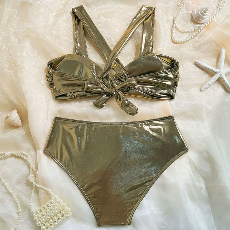 Luxe Gold Metallic High-Waisted Bikini | Cross-Back Glamour for Your Winter Escape