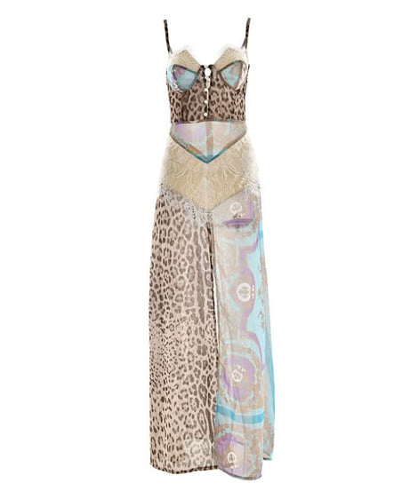 Autumn Enchantress: Leopard & Floral Lace Bustier Maxi Dress with High Slit