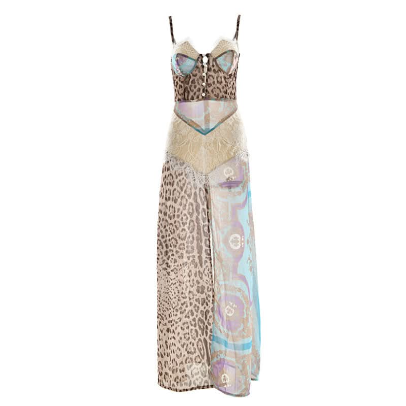Autumn Enchantress: Leopard & Floral Lace Bustier Maxi Dress with High Slit
