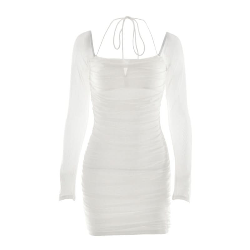 Chic White Mesh Long Sleeve Ruched Halter Mini Dress – Your Go-To for Fall Nights & Holiday Parties
