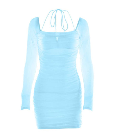 Chic White Mesh Long Sleeve Ruched Halter Mini Dress – Your Go-To for Fall Nights & Holiday Parties