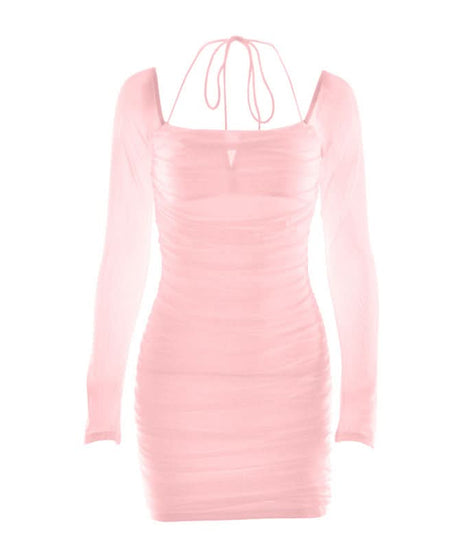 Chic White Mesh Long Sleeve Ruched Halter Mini Dress – Your Go-To for Fall Nights & Holiday Parties