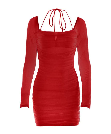 Chic White Mesh Long Sleeve Ruched Halter Mini Dress – Your Go-To for Fall Nights & Holiday Parties