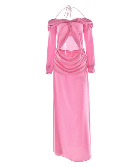 Vibrant Pink Halter Off-Shoulder Cut-Out Maxi Dress - Chic Fall Wedding Guest & Holiday Party Gown