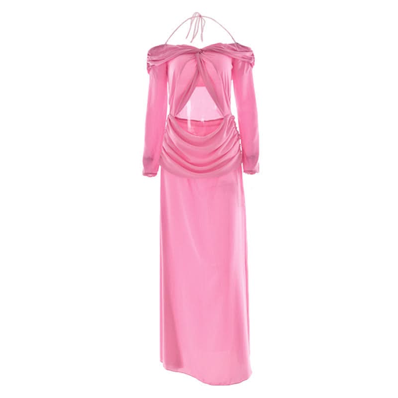 Vibrant Pink Halter Off-Shoulder Cut-Out Maxi Dress - Chic Fall Wedding Guest & Holiday Party Gown