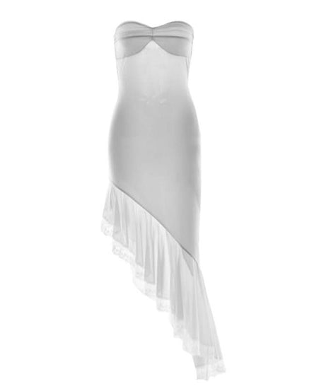 Romantic Whisper: Strapless Asymmetrical Ruffle Midi Dress - Holiday & Party Perfection