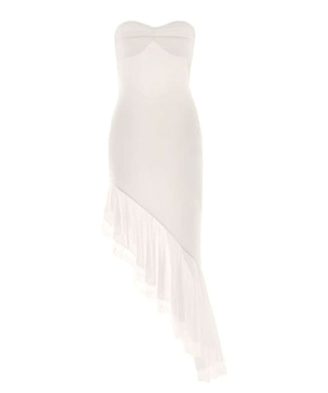 Romantic Whisper: Strapless Asymmetrical Ruffle Midi Dress - Holiday & Party Perfection