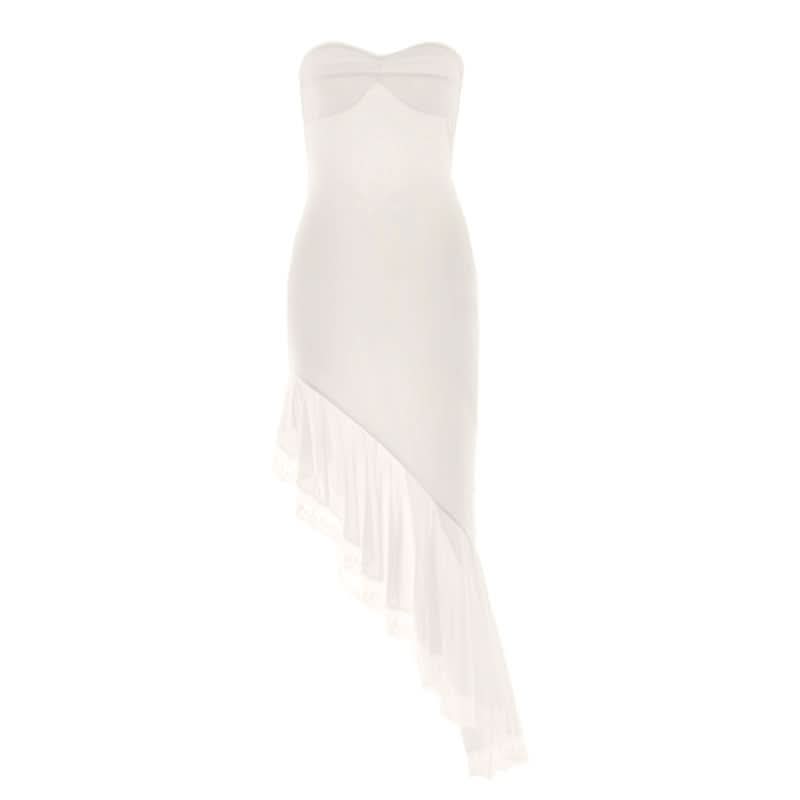 Romantic Whisper: Strapless Asymmetrical Ruffle Midi Dress - Holiday & Party Perfection