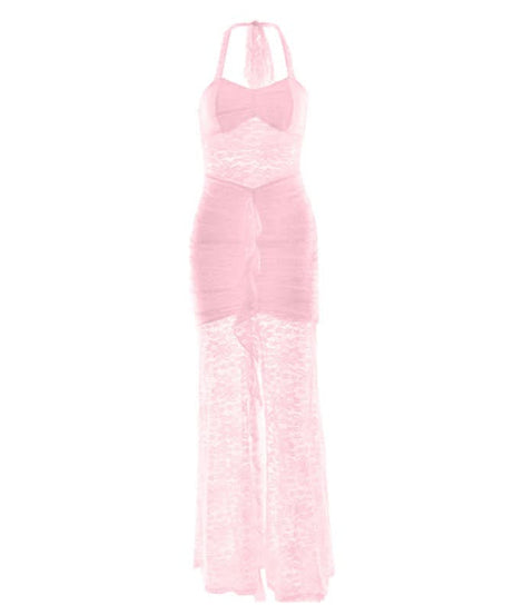 White Lace Halter Maxi Dress: Sheer Ruched Resort & Vacation Glamour