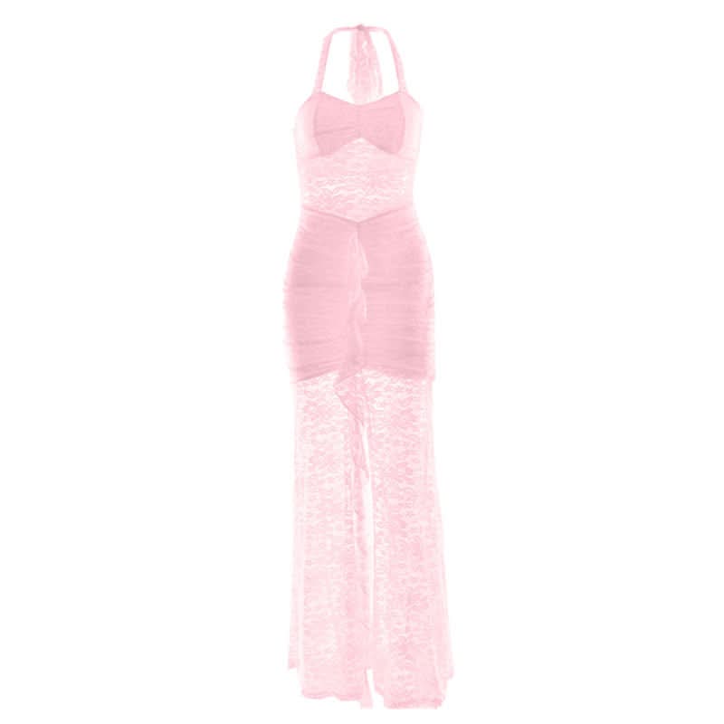 White Lace Halter Maxi Dress: Sheer Ruched Resort & Vacation Glamour