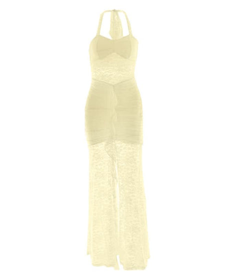 White Lace Halter Maxi Dress: Sheer Ruched Resort & Vacation Glamour