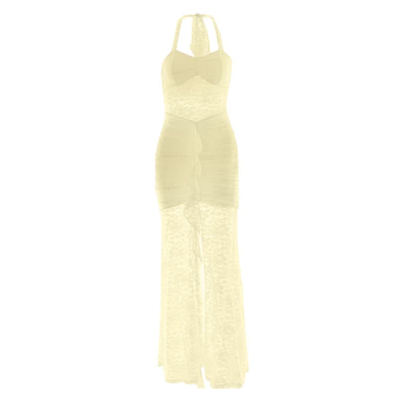 White Lace Halter Maxi Dress: Sheer Ruched Resort & Vacation Glamour