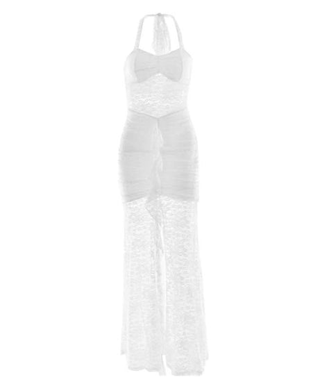 White Lace Halter Maxi Dress: Sheer Ruched Resort & Vacation Glamour