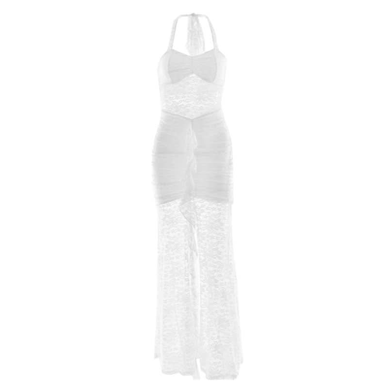 White Lace Halter Maxi Dress: Sheer Ruched Resort & Vacation Glamour