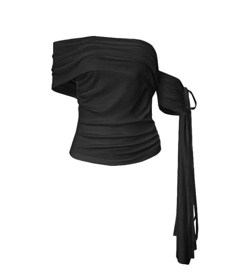 Chic One-Shoulder Ruched Top with Statement Tie - Your Go-To for Fall & Holiday Parties