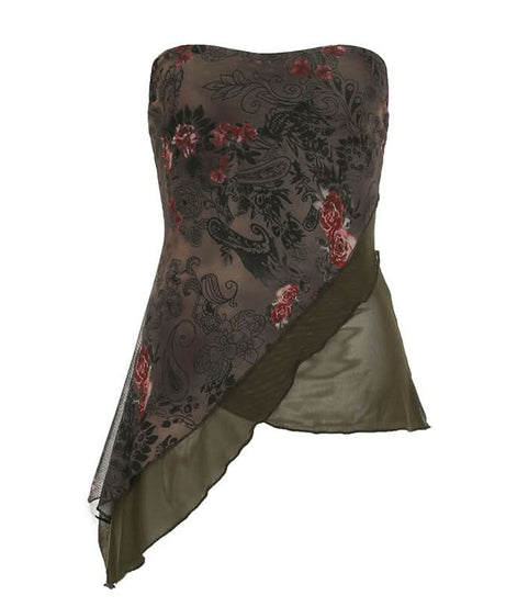 Fall Bloom Asymmetric Mesh Tube Top - Dark Floral Y2K Style